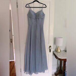 Dusty blue cowl neck spaghetti strap chiffon bridesmaid wedding dress